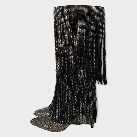 INC International Concepts Is Black and Silver Bling Fringe Heeled Boots Sz 7.5M - Picture 3 of 15
